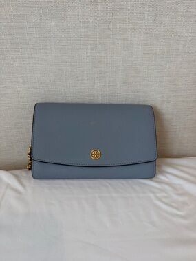 Tory Burch Dusty Blue Saffiano Leather Crossbody Wallet